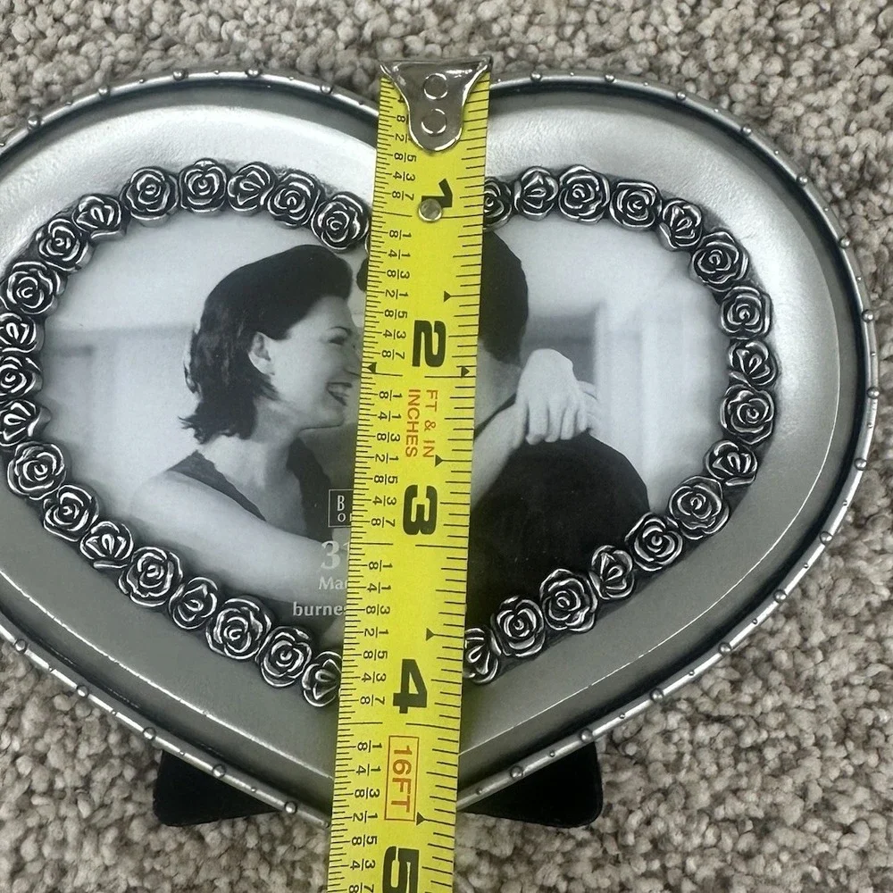 Vintage Burnes of Boston Picture Frame Metal Heart Shaped Rose Trim Silver Tone